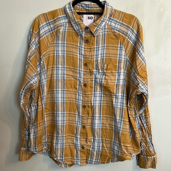 SO Mustard and Blue Plaid Women's Top - Picture 1 of 11